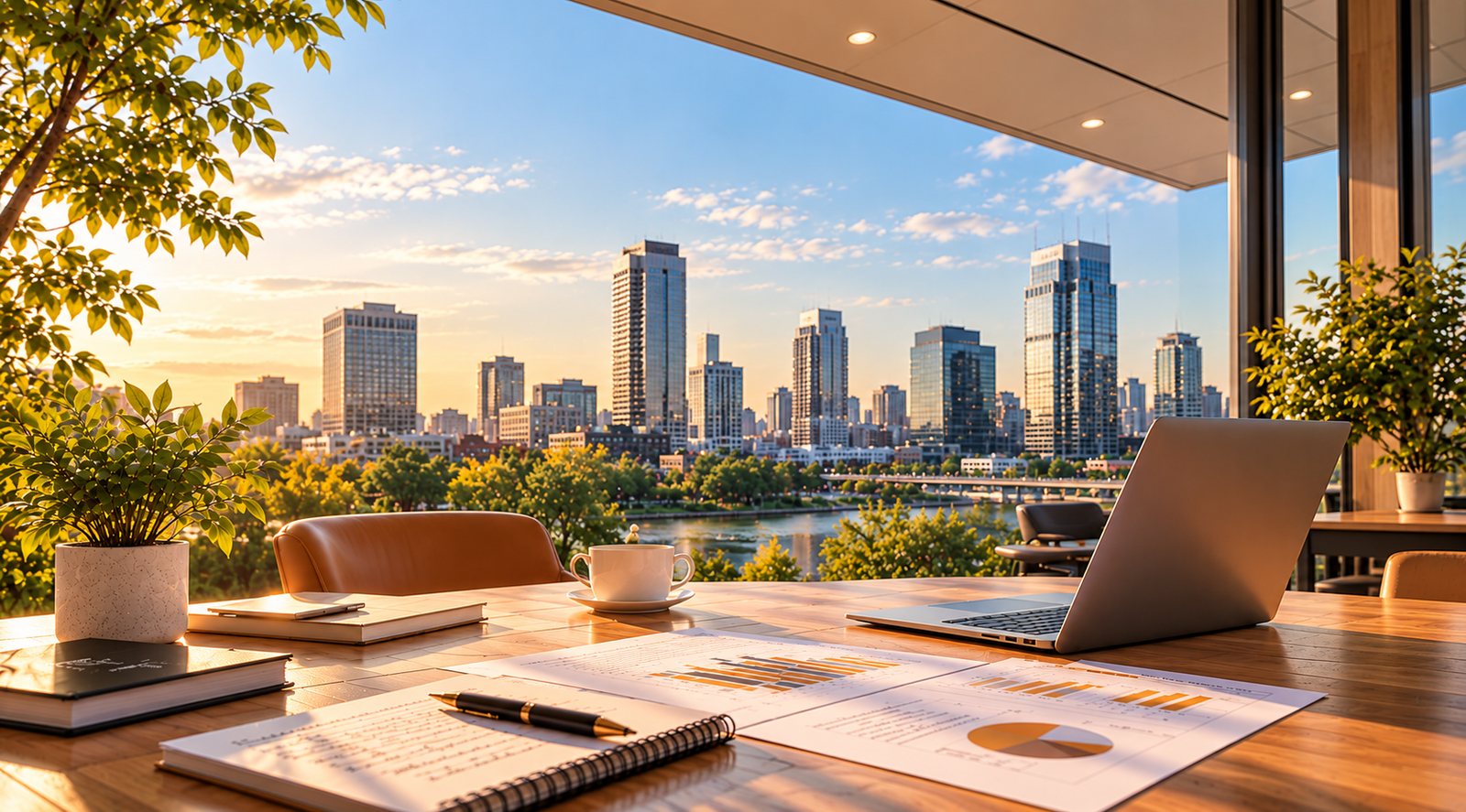 Sunlit marketing workspace overlooking a modern city skyline